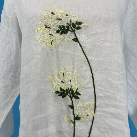 White Linen Floral Embroidered Tunic Blouse Top (S) - Picture 4 of 10